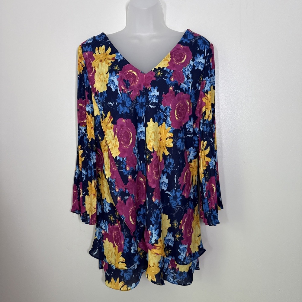 Laurie Felt Top Womens Size L Floral Blouse Bright Flowy‎ Asymmetric Office Work